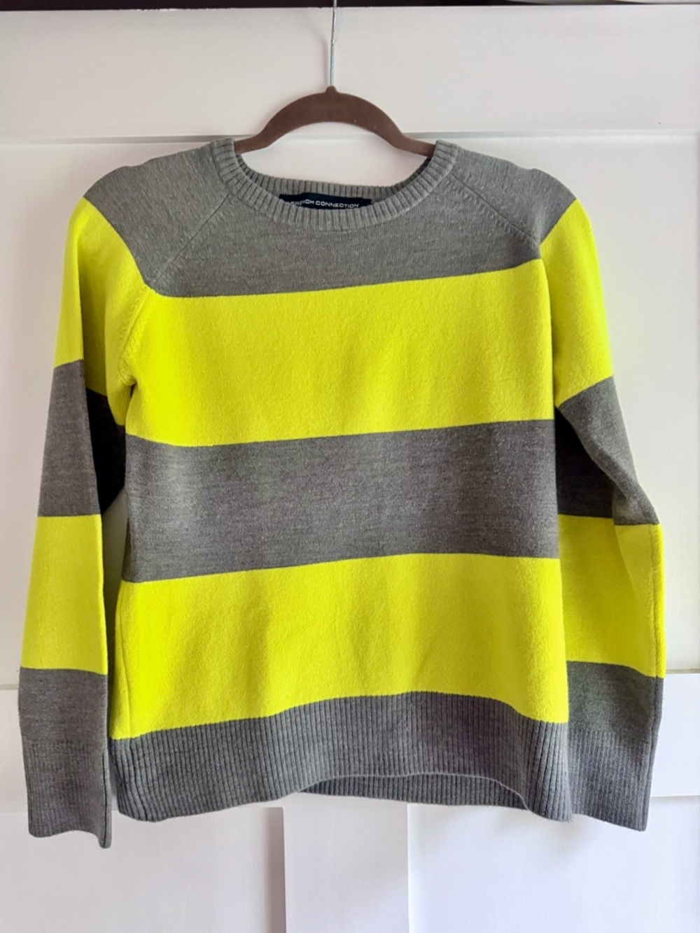 French Connection Bright Yellow/like green & Gray Striped Crewneck Sweater
